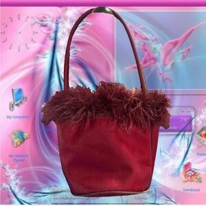 Red Faux Fur Trimmed Tote Bag